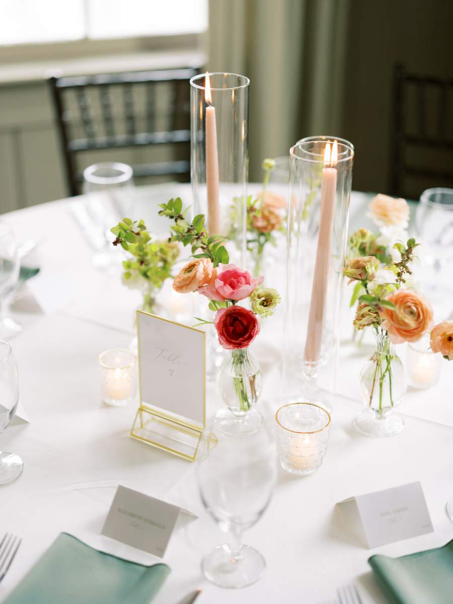 Hurricane glass tapers gold frame table number and tealights